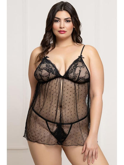 Two Piece Lace and Dot Mesh Babydoll Set STM-11821XP-Black-OSX (P)