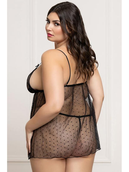 Two Piece Lace and Dot Mesh Babydoll Set STM-11821XP-Black-OSX (P)