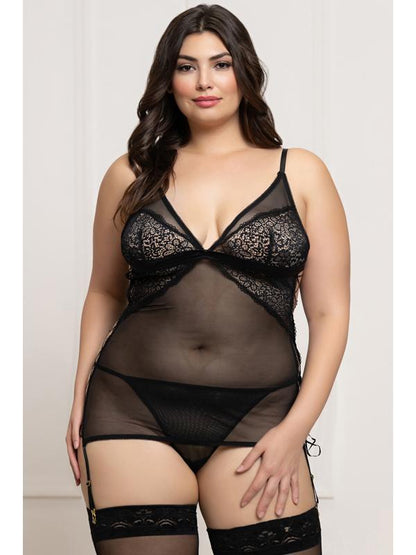 Two Piece Lace and Mesh Chemise Set STM-11823XP-Black-OSX (P) Seven Til Midnight