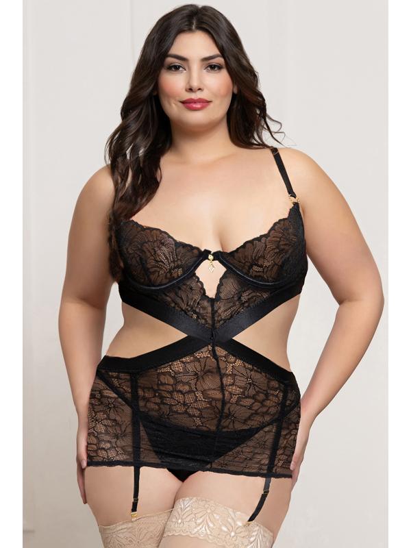 Two Piece Lace and Satin Chemise Set STM-11829XP-Black-OSX (P)