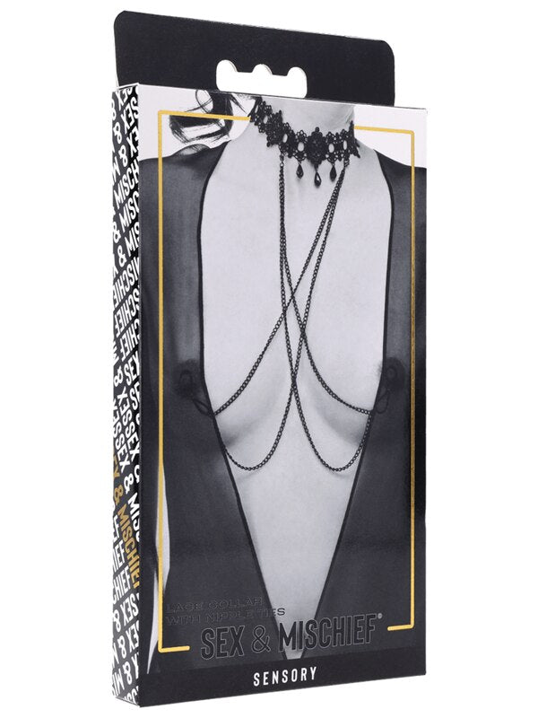 Sex & Mischief Lace Collar with Nipple Ties - Black Neck and Nipple Restraints Sportsheets