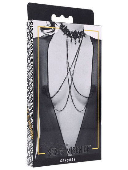 Sex & Mischief Lace Collar with Nipple Ties - Black Neck and Nipple Restraints Sportsheets