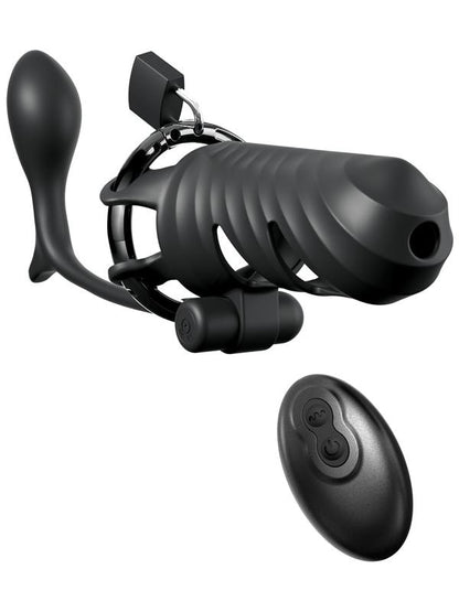 Fantasy C-Ringz Remote-Controlled Vibrating Cock Blocker with Ass-Gasm Plug - Black Vibrating Cock Cage with Anal Plug Pipedream