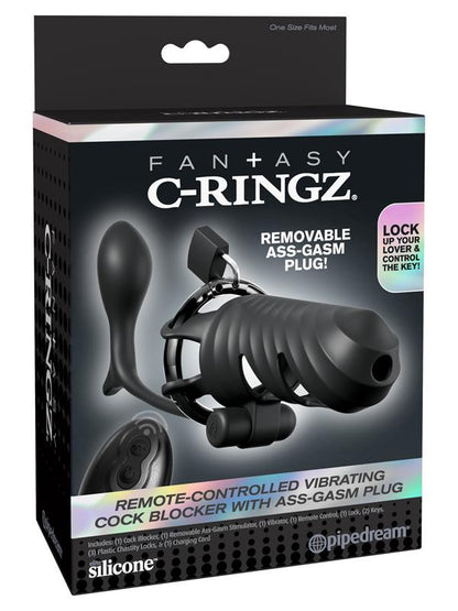 Fantasy C-Ringz Remote-Controlled Vibrating Cock Blocker with Ass-Gasm Plug - Black Vibrating Cock Cage with Anal Plug Pipedream
