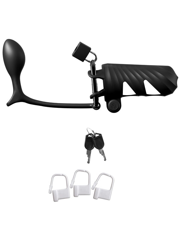 Fantasy C-Ringz Remote-Controlled Vibrating Cock Blocker with Ass-Gasm Plug - Black Vibrating Cock Cage with Anal Plug Pipedream