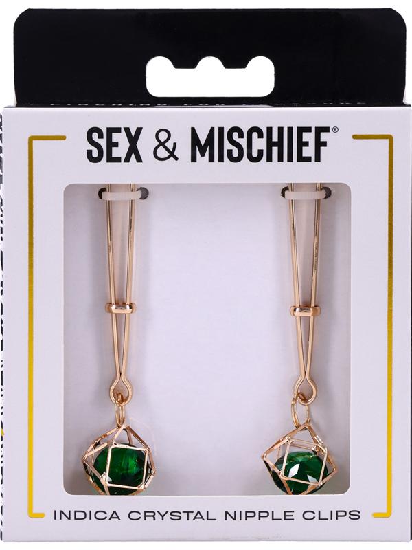 Sex & Mischief Indica Crystal Nipple Clips - Gold Nipple Clips with Emerald Gems Sportsheets