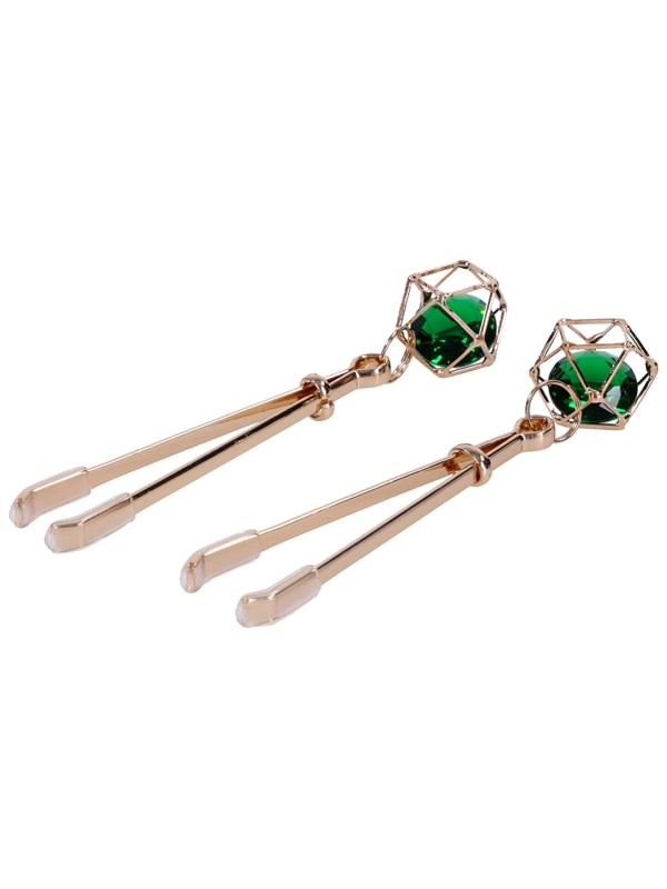 Sex & Mischief Indica Crystal Nipple Clips - Gold Nipple Clips with Emerald Gems Sportsheets