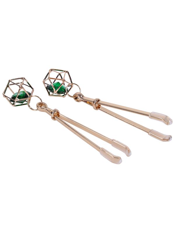 Sex & Mischief Indica Crystal Nipple Clips - Gold Nipple Clips with Emerald Gems Sportsheets