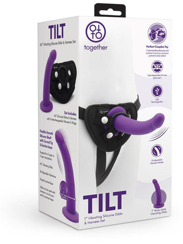 Tilt 6.5 in. Vibrating Silicone Dildo & Harness Set Together