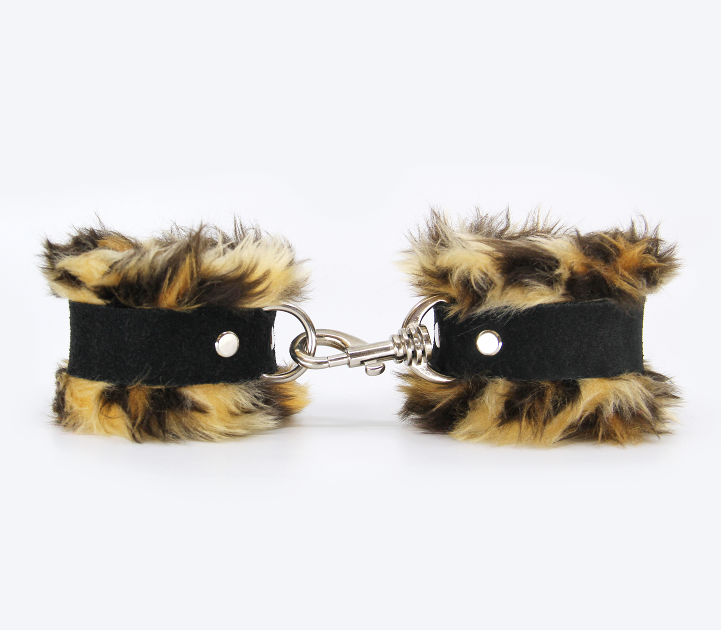 Han011 Fluffy Cuffs With Suede Leather Strap Brown Animal Print - Club X