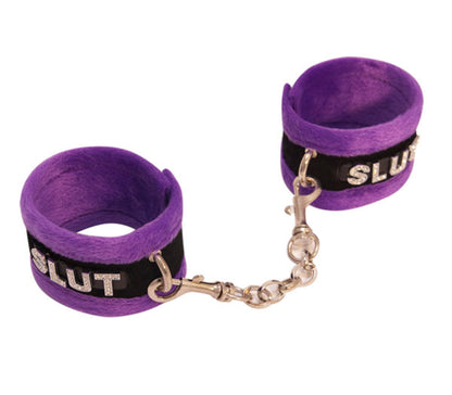 Fluffy Diamanté Slut Wrist Restraints Purple - Club X