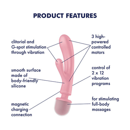 Satisfyer Triple Lover - Pink USB Rechargeable Rabbit Vibrator and Massage Wand Satisfyer