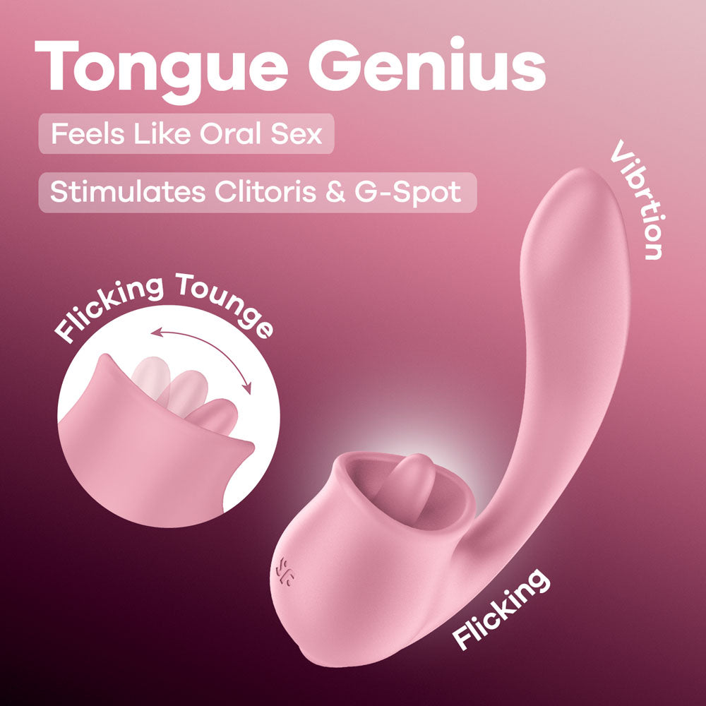 Satisfyer Tongue Genius - Pink USB Rechargeable Vibrator with Flicking Clit Stimulator Satisfyer