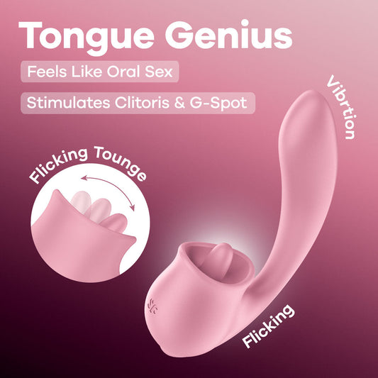 Satisfyer Tongue Genius - Pink USB Rechargeable Vibrator with Flicking Clit Stimulator Satisfyer