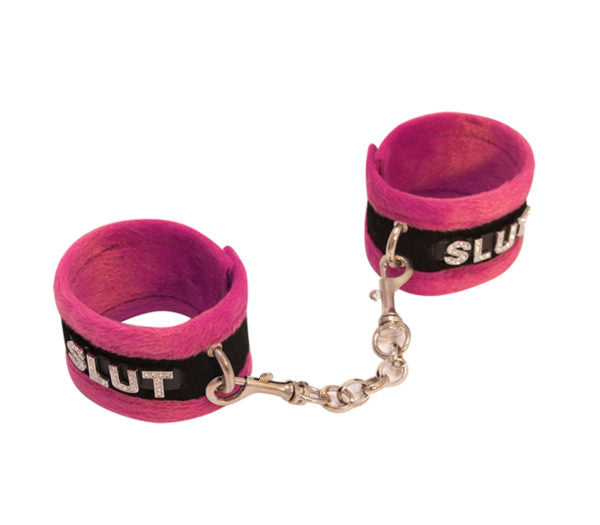 Fluffy Diamanté Slut Wrist Restraints Pink - Club X