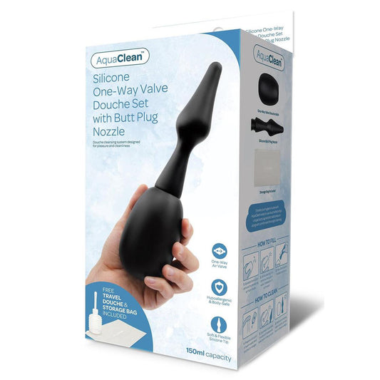 AquaClean Silicone 1-Way Valve Douche Set with Butt Plug Nozzle - 150 ml Capacity with Free Travel Douche Included Black - Club X
