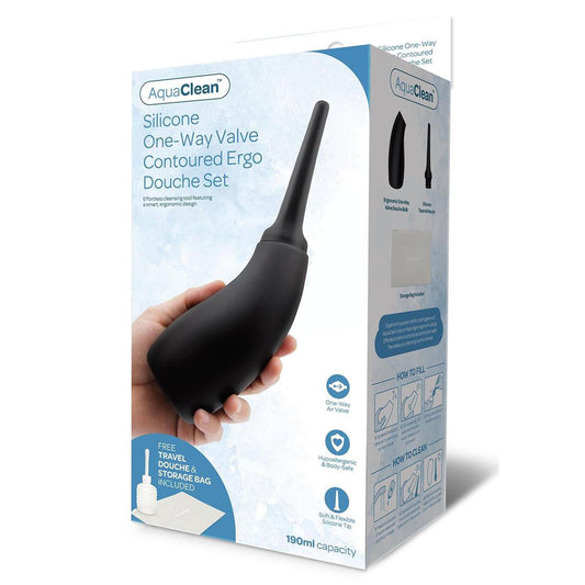 AquaClean Silicone 1-Way Valve Contoured Ergo Douche Set - 190 ml Capacity with Free Travel Douche Included Black - Club X