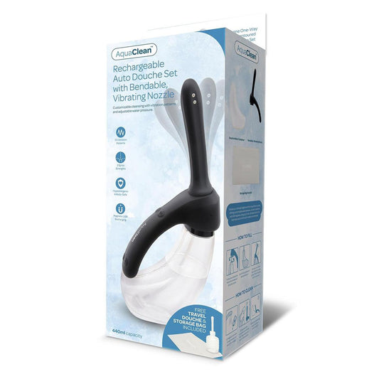 AquaClean Rechargeable Auto Douche Set with Bendable Vibrating Nozzle - 440 ml Capacity with Free Travel Douche Included Black - Club X