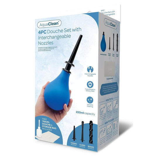 AquaClean 4 Piece Douche Set with Interchangeable Nozzles - 220 ml Capacity with Free Travel Douche Included Blue - Club X