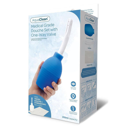 AquaClean Medical Grade Douche Set with 1-Way Valve - 310 ml Capacity with Free Travel Douche Included Blue - Club X