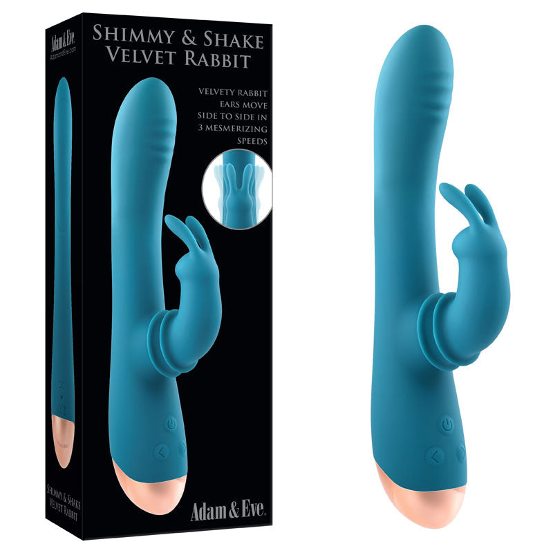 Adam & Eve SHIMMY & SHAKE VELVET RABBIT - Blue 22.4 cm USB Rechargeable Rabbit Vibrator Adam & Eve