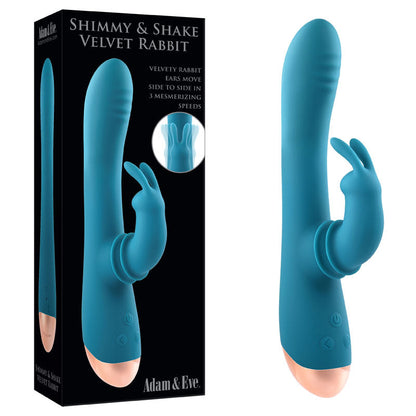 Adam & Eve SHIMMY & SHAKE VELVET RABBIT - Blue 22.4 cm USB Rechargeable Rabbit Vibrator Adam & Eve