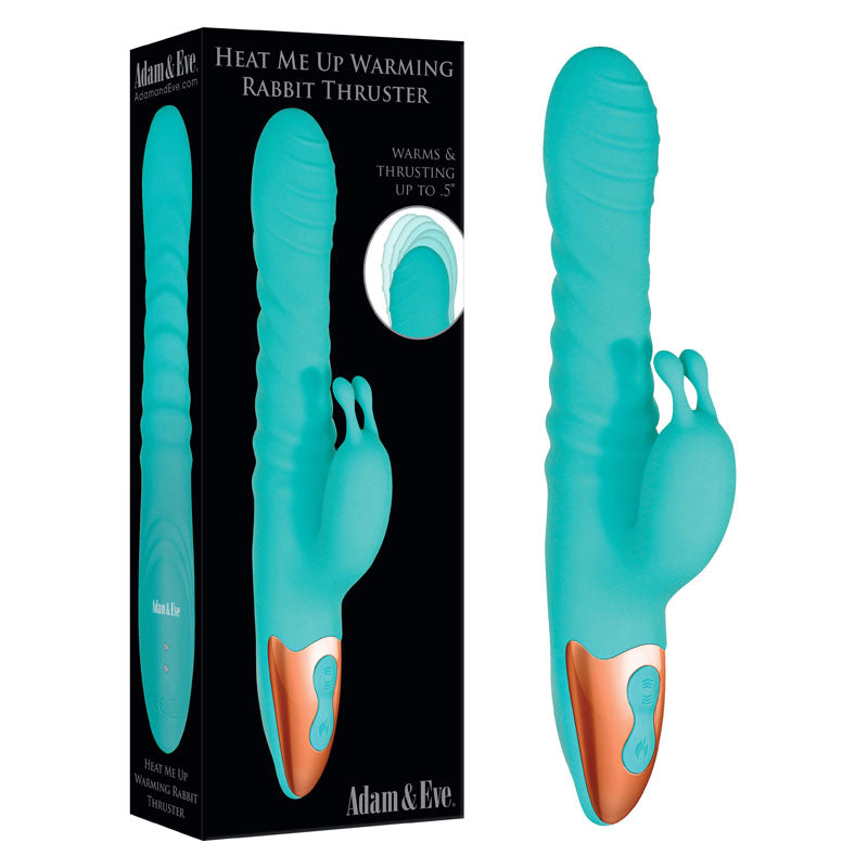 Adam & Eve HEAT ME UP Warming Rabbit Thruster - Teal 23.6 cm USB Rechargeable Warming Rabbit Vibrator Teal - Club X