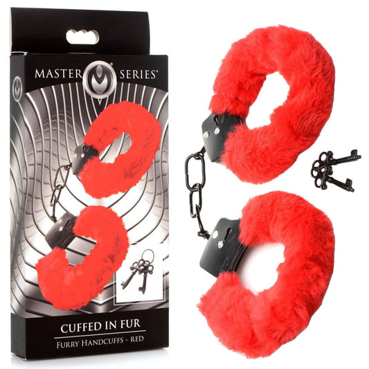 Master Series Cuffed in Fur - Red Fluffy Handcuffs Red - Club X