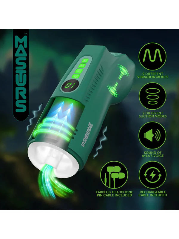 MASTURS Ayla - USB Rechargeable Sucking, Vibrating & Talking Auto Stroker with Augmented Reality Shots Toys