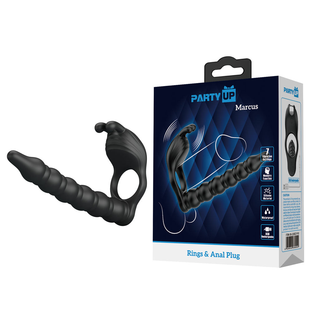 Party Up MARCUS Ring & Anal Plug - Black USB Rechargeable Vibrating Cock Ring with Double Penetrator Black - Club X