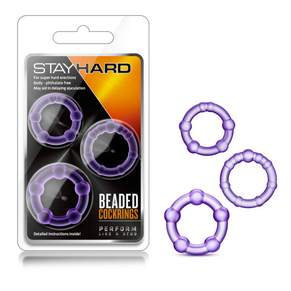 Stay Hard Beaded Cockrings - Purple Cock Rings - Set of 3 Sizes Blush Novelties