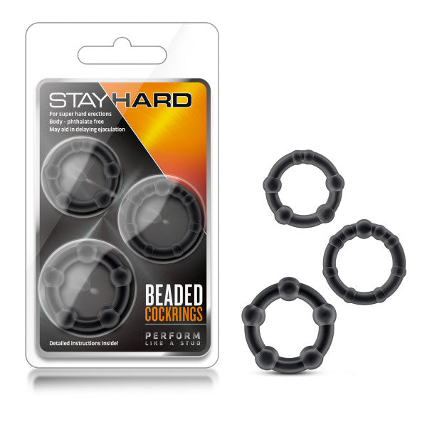 Stay Hard Beaded Cockrings - Black Cock Rings - Set of 3 Sizes Blush Novelties
