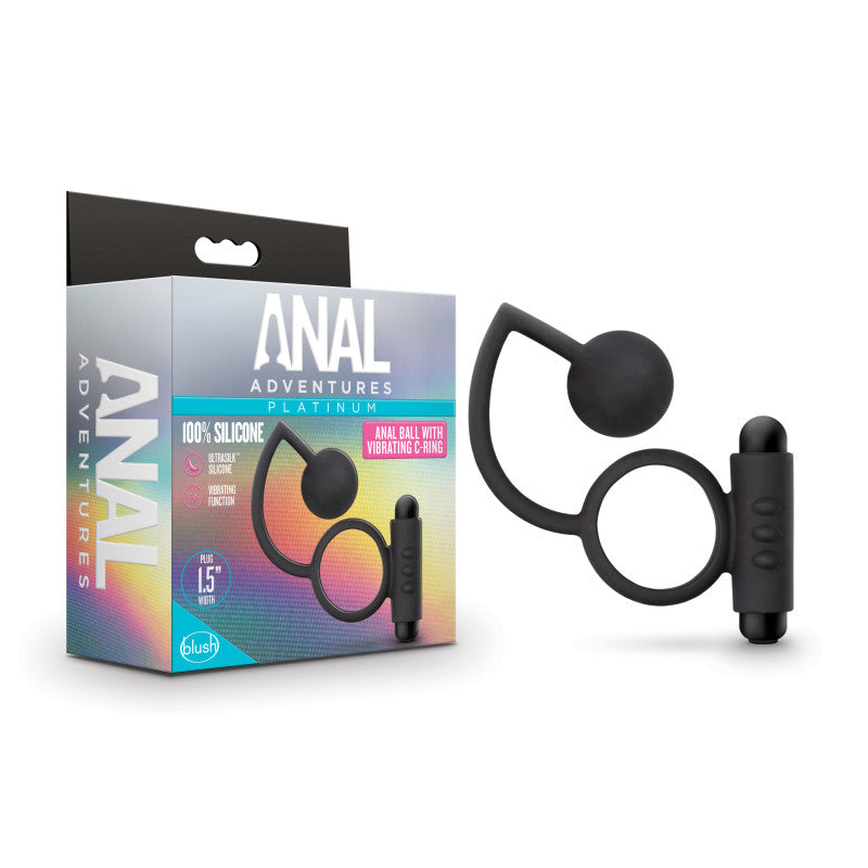 Anal Adventures Platinum Anal Ball & Vibrating C-Ring - Black Vibrating Cock Ring with Anal Ball Black - Club X