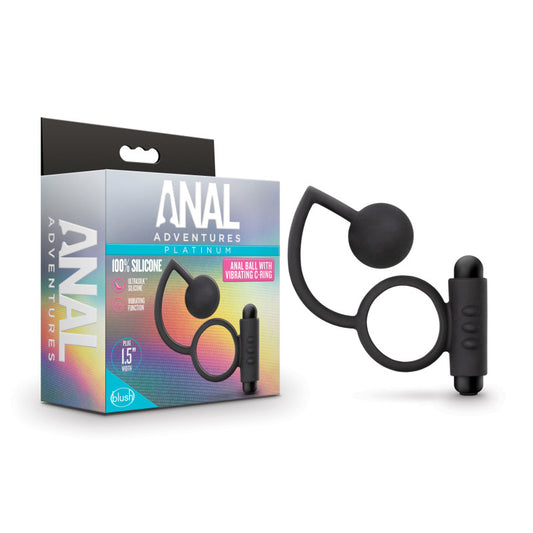 Anal Adventures Platinum Anal Ball & Vibrating C-Ring - Black Vibrating Cock Ring with Anal Ball Black - Club X