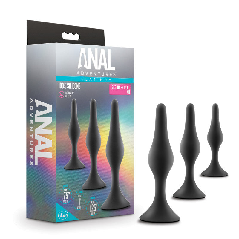Anal Adventures Platinum Silicone Beginner Plug Kit - Black Butt Plug Kit - Set of 3 Sizes blush