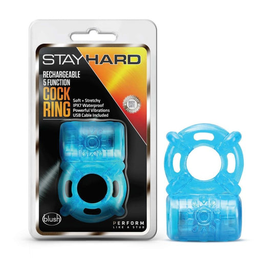 Stay Hard Rechargeable 5 Function Cock Ring - Blue USB Rechargeable Vibrating Cock Ring Blue - Club X