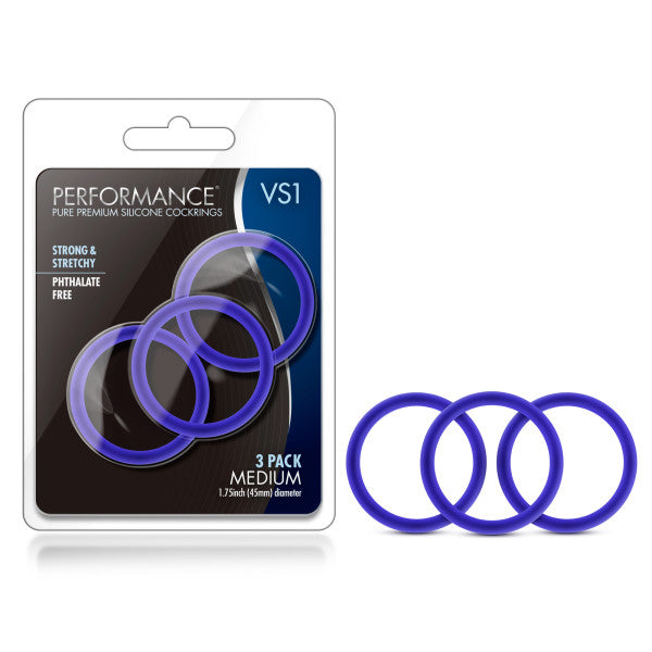 Performance VS1 Pure Premium Silicone Cockrings - Indigo Blue Medium Cock Rings - Set of 3 Blush Novelties