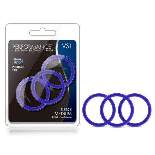 Performance VS1 Pure Premium Silicone Cockrings - Indigo Blue Medium Cock Rings - Set of 3 Blush Novelties