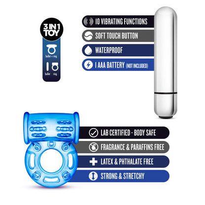 Stay Hard 10-Function Vibrating Bull Ring - Blue Vibrating Cock Ring Blush