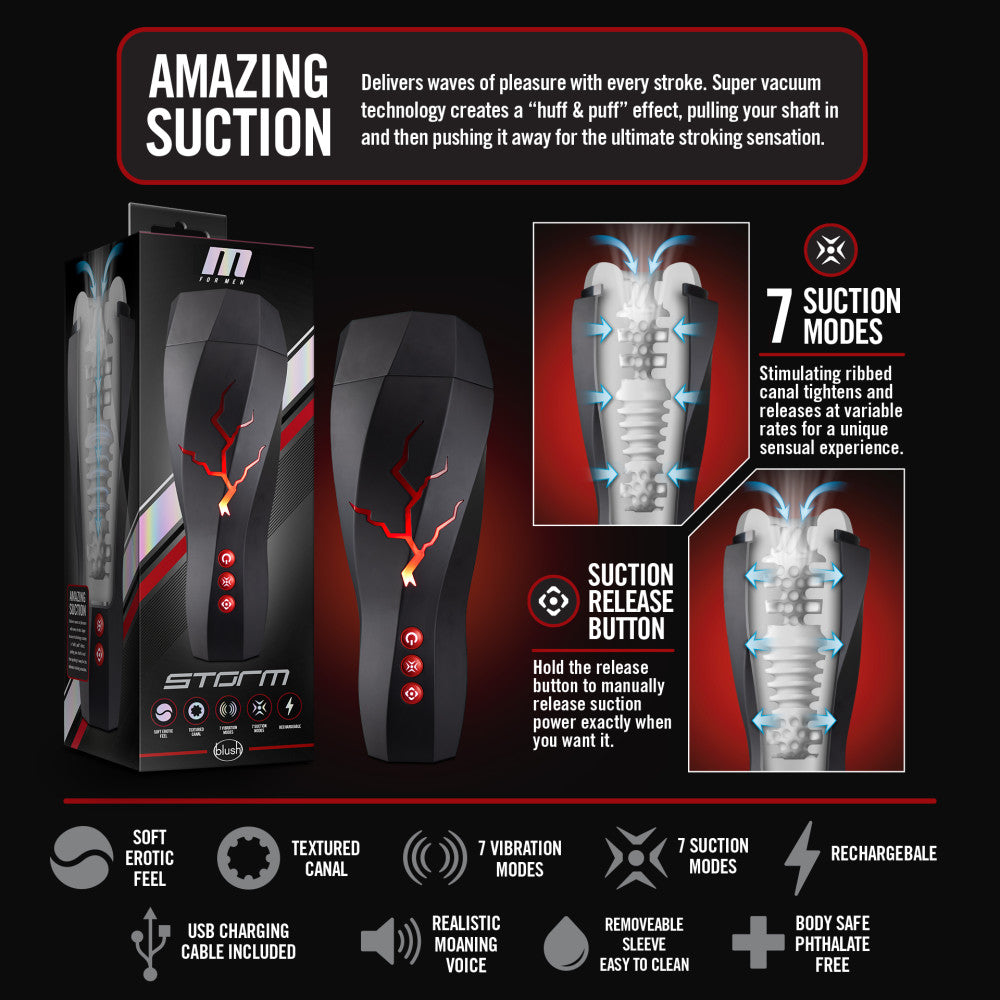 M For Men - Storm - USB Rechargeable Milking & Vibrating Auto Stroker Blush Novelties