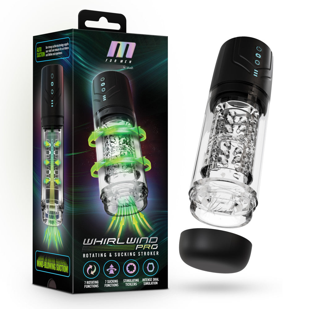M For Men - Whirlwind Pro - Clear USB Rechargeable Rotating & Sucking Auto Stroker Blush Novelties