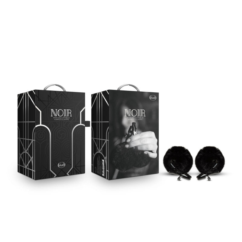 Noir Pom Adjustable Nipple Clamps - Black Furry Nipple Clamps Blush Novelties