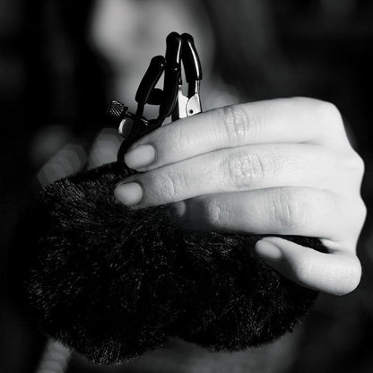 Noir Pom Adjustable Nipple Clamps - Black Furry Nipple Clamps Blush Novelties