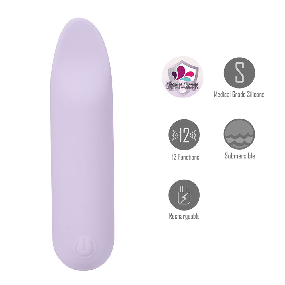 Maia Tawni Lavender bullet vibrator showing silicone rechargeable and submersible features