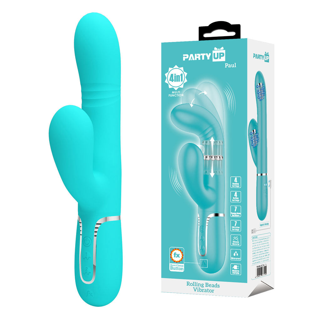 Party Up PAUL Rolling Beads Vibrator - Teal - Teal 22.6 cm USB Rechargeable Thrusting Rabbit Vibrator Party Up