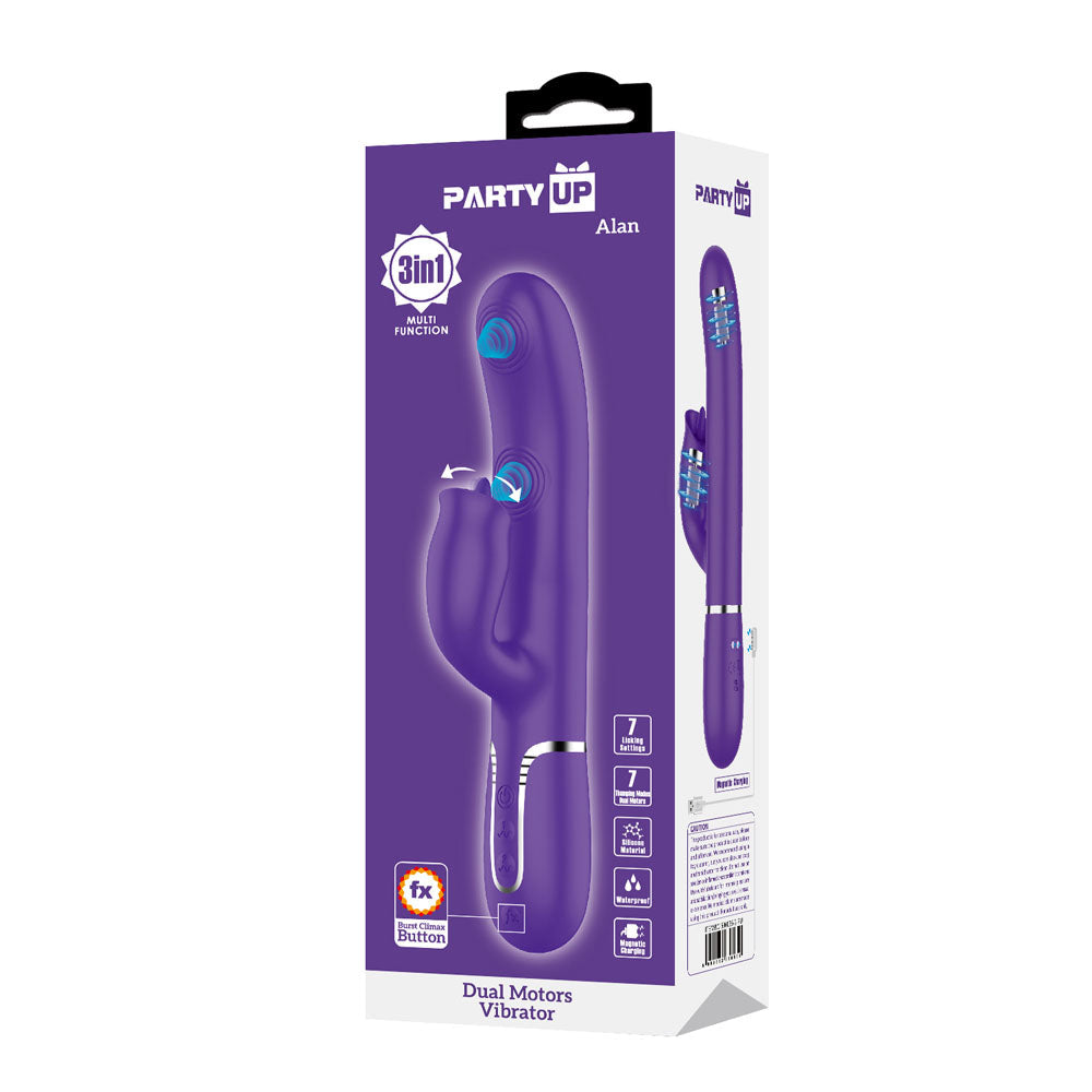 Party Up ALAN Dual Motor Vibrator - Purple - Purple 22.8 cm USB Rechargeable Vibrator with Licking Clit Stimulator and Thumping Shaft Party Up