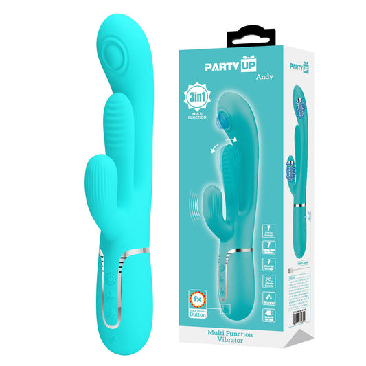 Party Up ANDY Multi Function Vibrator - Teal - Teal 22.2 cm USB Rechargeable Rabbit Vibrator with Flicking and Thumping Tip Party Up