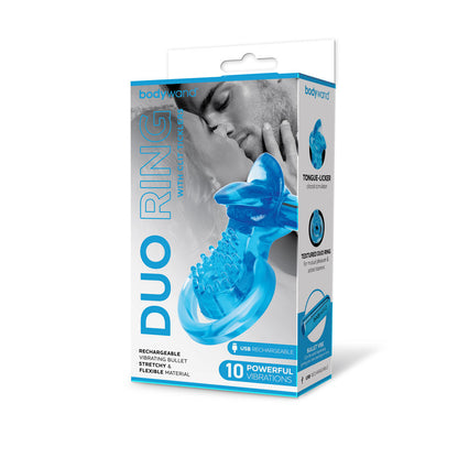 Bodywand Rechargeable Duo Ring with Clit Tickler - Blue USB Rechargeable Vibrating Cock Ring Bodywand
