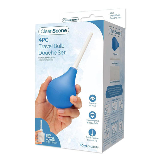 CleanScene 4 Piece Travel Bulb Douche Set - 90 ml Capacity with Bonus 150 ml Travel Douche Blue - Club X