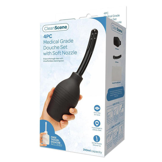 CleanScene 4 Piece Medical Grade Douche Set with Soft Nozzle - 310 ml Capacity with Free Travel Douche Included Black - Club X
